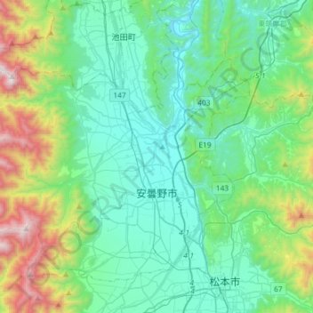 Mapa topográfico 安曇野市, altitude, relevo