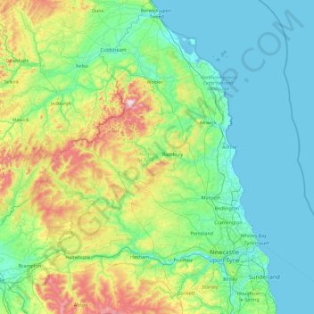 Mapa topográfico Northumberland, altitude, relevo