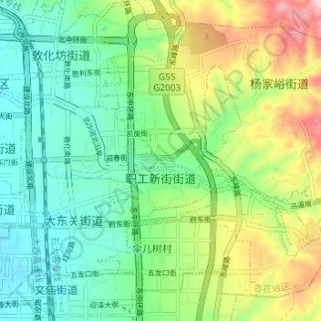 Mapa topográfico 职工新街街道, altitude, relevo