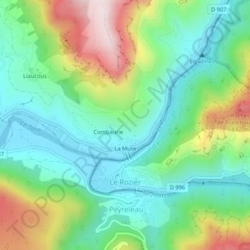 Mapa topográfico Le Rozier, altitude, relevo