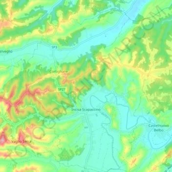 Mapa topográfico Incisa Scapaccino, altitude, relevo