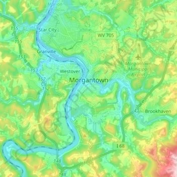 Mapa topográfico Morgantown, altitude, relevo