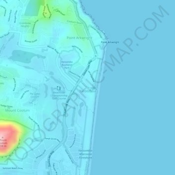 Mapa topográfico Yaroomba, altitude, relevo