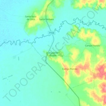 Mapa topográfico José Leandro Oviedo, altitude, relevo