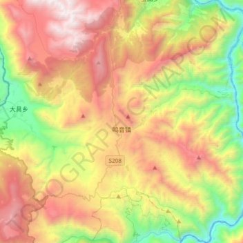 Mapa topográfico 鸣音镇, altitude, relevo