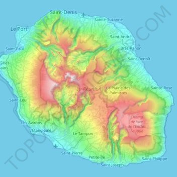Mapa topográfico La Réunion, altitude, relevo