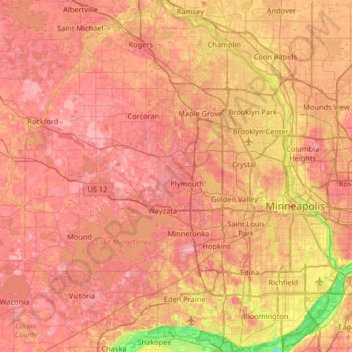 Mapa topográfico Hennepin County, altitude, relevo