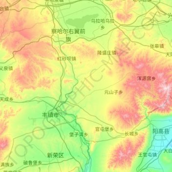 Mapa topográfico 丰镇市, altitude, relevo