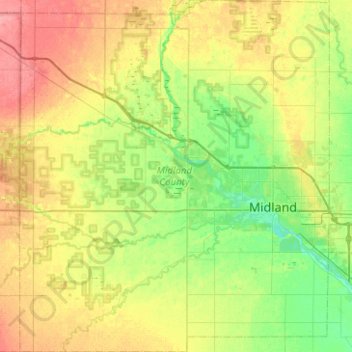 Mapa topográfico Midland County, altitude, relevo