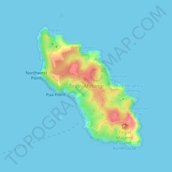 Mapa topográfico Tiritiri Matangi, altitude, relevo