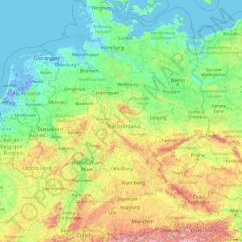 Mapa topográfico Alemanha, altitude, relevo