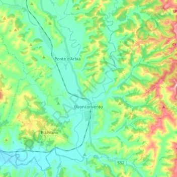 Mapa topográfico Buonconvento, altitude, relevo
