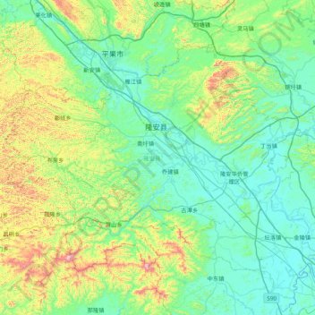 Mapa topográfico 隆安县, altitude, relevo