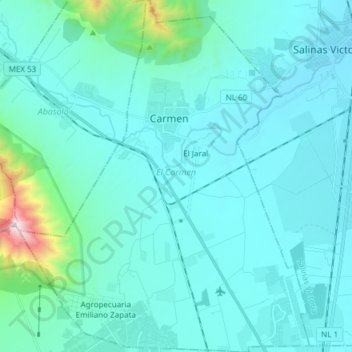 Mapa topográfico El Carmen, altitude, relevo