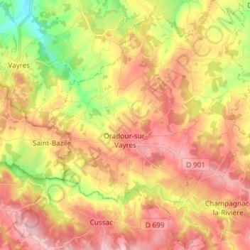 Mapa topográfico Oradour-sur-Vayres, altitude, relevo