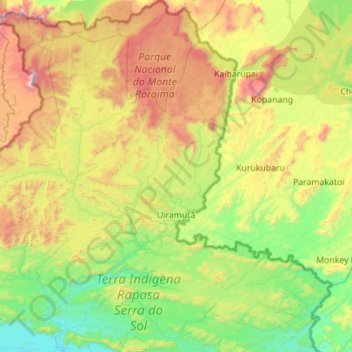 Mapa topográfico Uiramutã, altitude, relevo