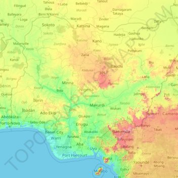 Mapa topográfico Nigéria, altitude, relevo