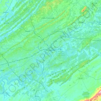 Mapa topográfico Knoxville, altitude, relevo