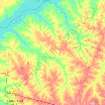 Mapa topográfico Santa Rita d'Oeste, altitude, relevo