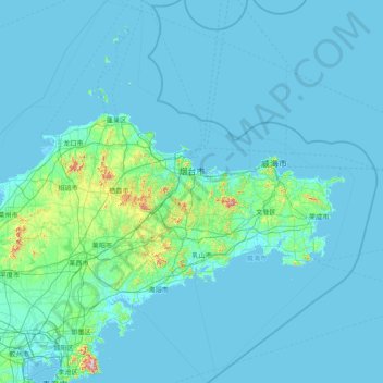 Mapa topográfico 烟台市, altitude, relevo