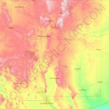 Mapa topográfico Novo México, altitude, relevo