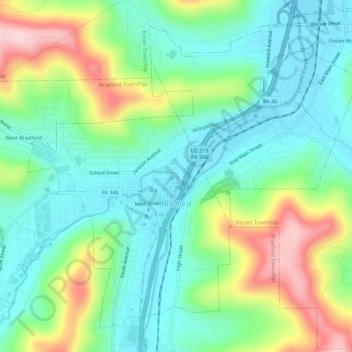 Mapa topográfico Bradford, altitude, relevo