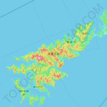 Mapa topográfico Amami-Ōshima, altitude, relevo