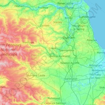 Mapa topográfico County Durham, altitude, relevo