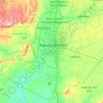 Mapa topográfico Aguascalientes, altitude, relevo