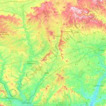 Mapa topográfico River Bourne (Wiltshire), altitude, relevo