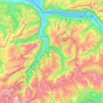 Mapa topográfico Glarona, altitude, relevo