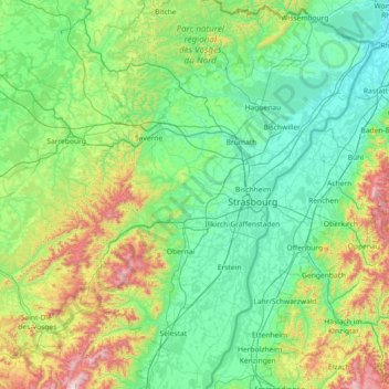Mapa topográfico Baixo-Reno, altitude, relevo