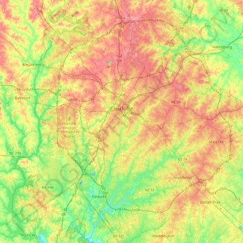 Mapa topográfico Charlotte, altitude, relevo