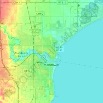 Mapa topográfico Manitowoc, altitude, relevo