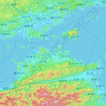 Mapa topográfico 香川県, altitude, relevo