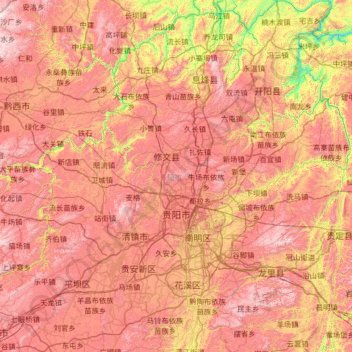 Mapa topográfico Guiyang, altitude, relevo