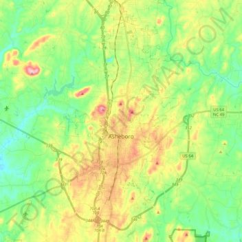 Mapa topográfico Asheboro, altitude, relevo