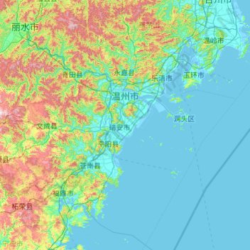 Mapa topográfico 温州市, altitude, relevo