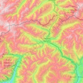 Mapa topográfico Wipptal - Alta Vall'Isarco, altitude, relevo