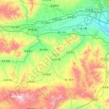 Mapa topográfico 怀安县, altitude, relevo