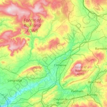 Mapa topográfico Ribble Valley, altitude, relevo