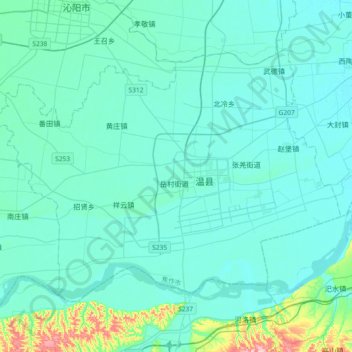 Mapa topográfico 温县, altitude, relevo