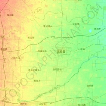 Mapa topográfico 无极县, altitude, relevo