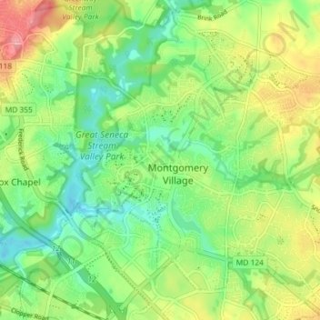 Mapa topográfico Montgomery Village, altitude, relevo