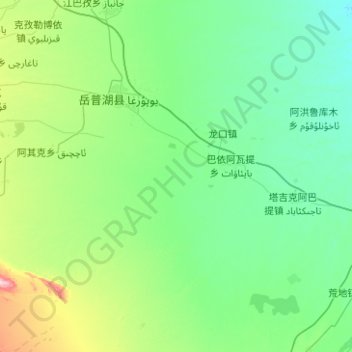 Mapa topográfico 岳普湖县, altitude, relevo