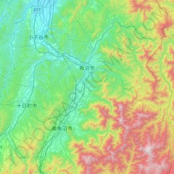 Mapa topográfico 魚沼市, altitude, relevo