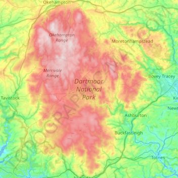 Mapa topográfico Dartmoor National Park, altitude, relevo