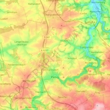 Mapa topográfico Penig, altitude, relevo