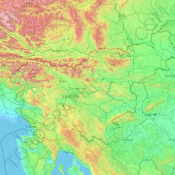 Mapa topográfico Eslovénia, altitude, relevo