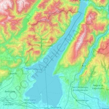 Mapa topográfico Lago de Garda, altitude, relevo